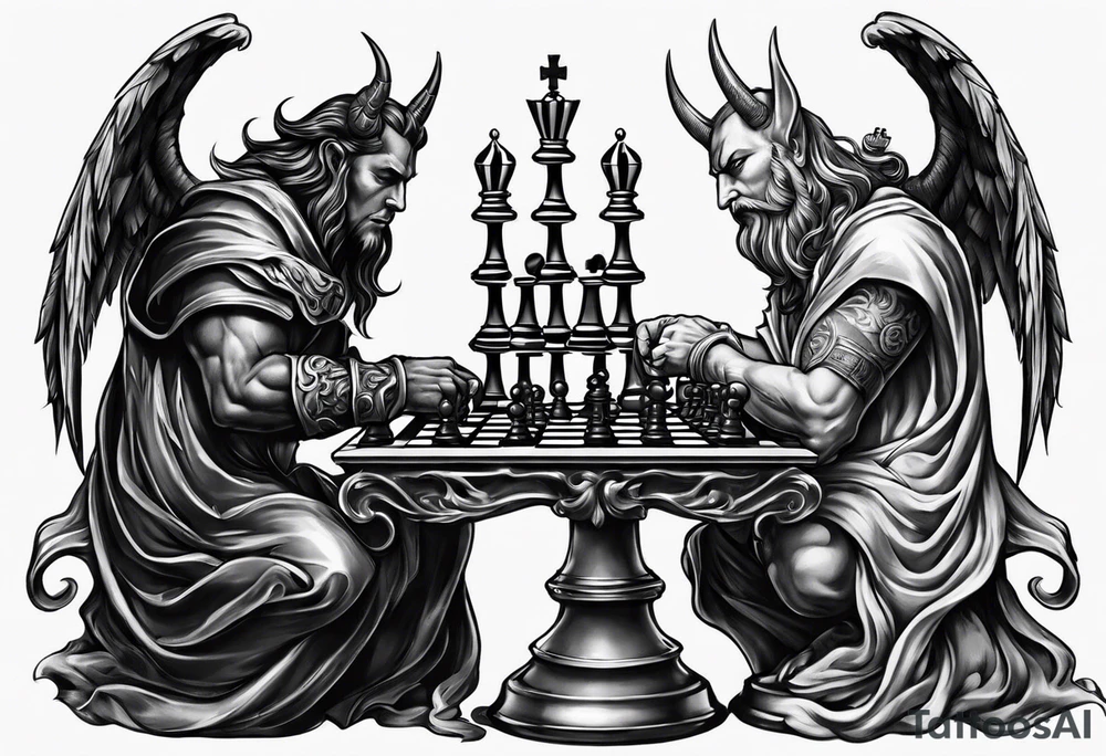 devil and angel playing chess tattoo idea