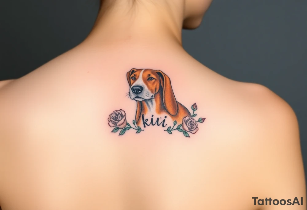 female  hound dog brown  Brindle with white strip going up snout   Slightly off center dog with the name kiwi . And a tiny rose around her . With her ears pointy a little big tattoo idea