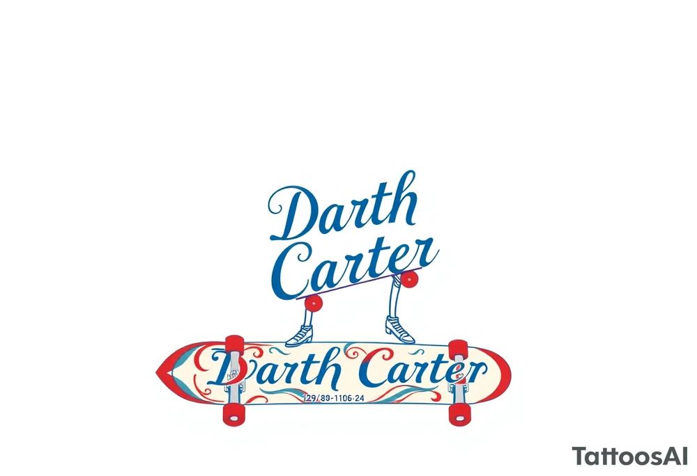 Darth Vader skateboarding >
blue & red
skateboard say "Darth Carter"
12/29/88-01/06/24 tattoo idea