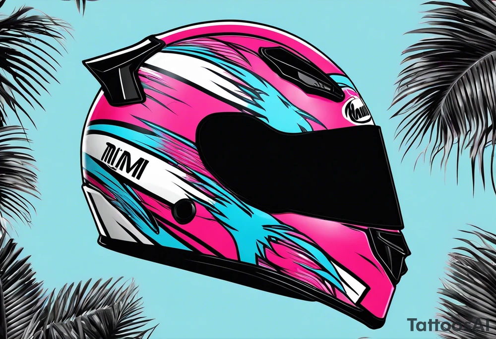 Formula 1 Helment with the Miami logo a palm tree and pink black and light blue colors tattoo idea
