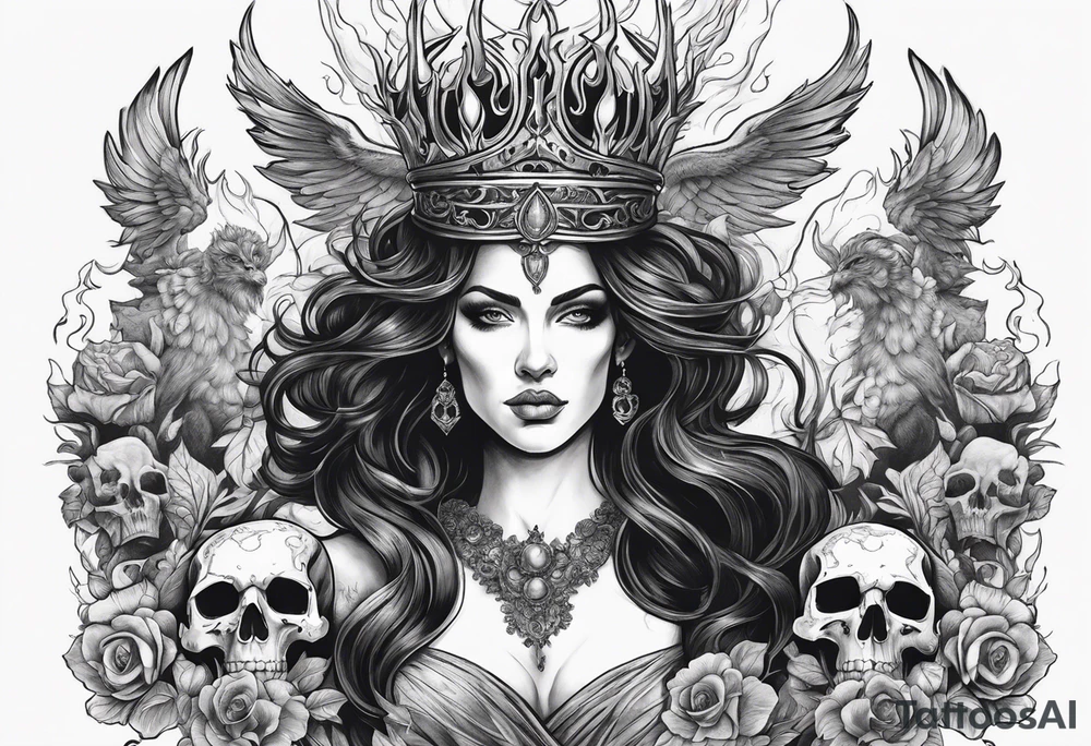 Hades wearing a black crown and Persephone in Hell surrounded by skulls and fire tattoo idea