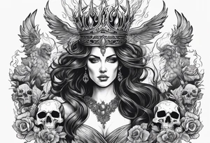 Hades wearing a black crown and Persephone in Hell surrounded by skulls and fire tattoo idea