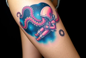 Kraken octopus grabbing a astronaut in a Outer space back ground tattoo idea