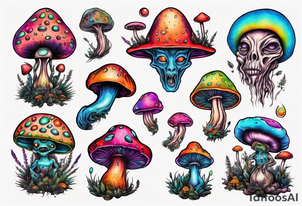An alien having a psychedelic trip on mushrooms tattoo idea
