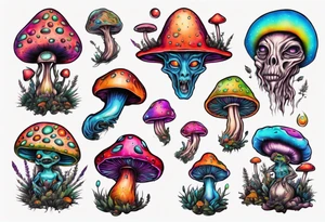 An alien having a psychedelic trip on mushrooms tattoo idea