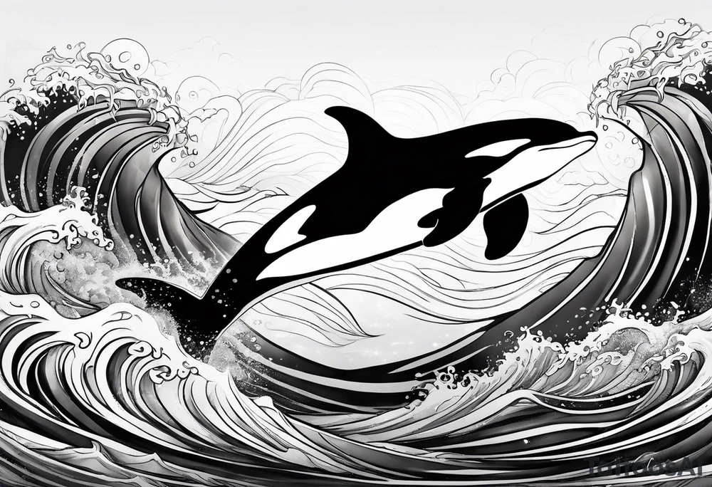 transient orca, Japanese, flowing, waves and kelp highlights tattoo idea
