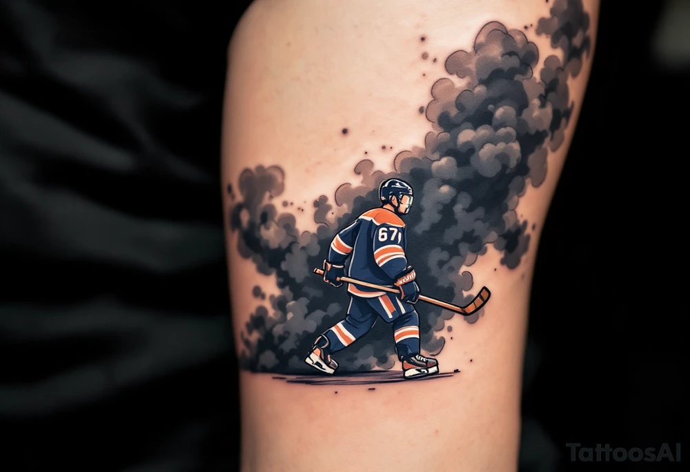 Hockey Player in Smoke
A lone player walking out of dark gray smoke onto the rink, holding his stick. Jersey and pants in deep navy blue with subtle white shoulder numbers. tattoo idea