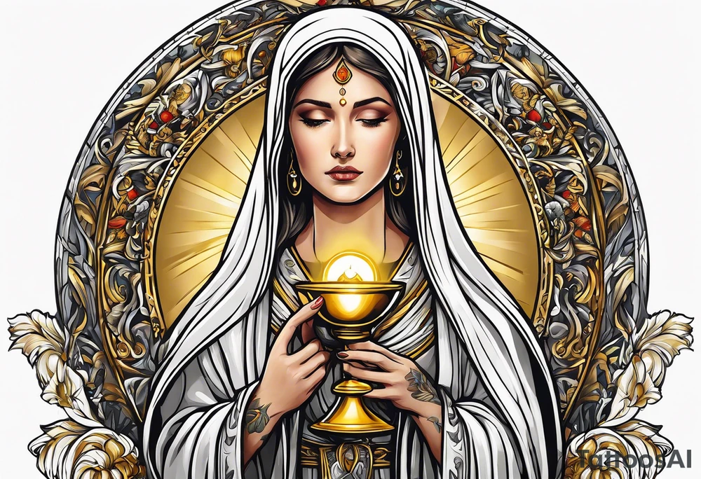 holy saint woman turned away with golden halo holding a chalice tattoo idea