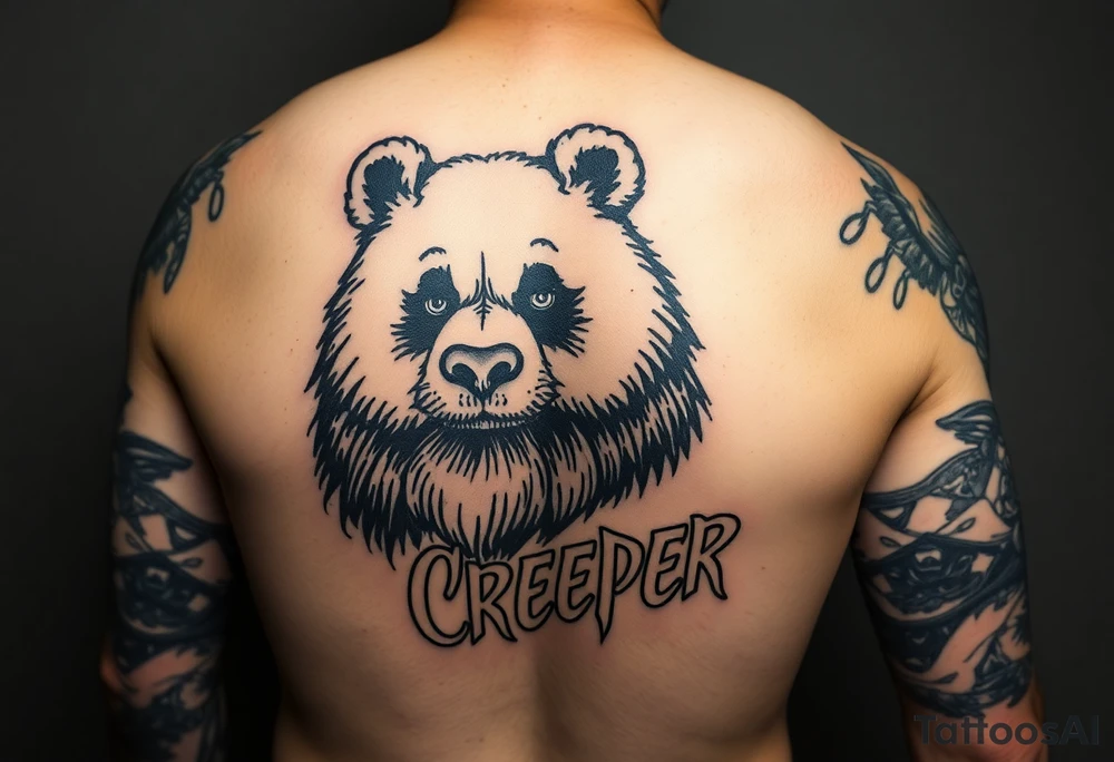 Wrestler, bass playing, tattooed, mustache, bearded panda bear with a septum piercing  and the word creeper in metal band font tattoo idea
