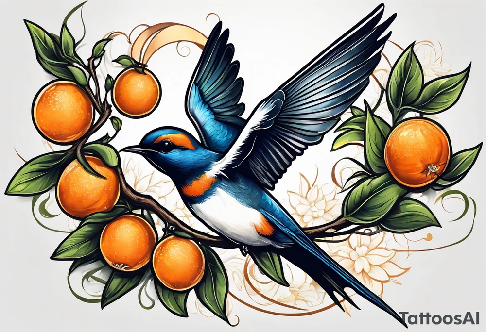 swallow lifting off from an orange blossom branch tattoo idea