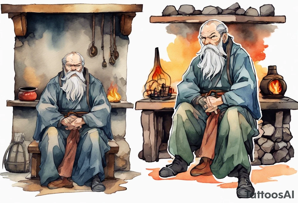 a Medieval man with a grey beard scowling sitting by the hearth tattoo idea