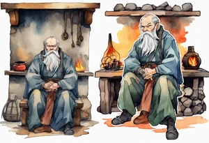 a Medieval man with a grey beard scowling sitting by the hearth tattoo idea