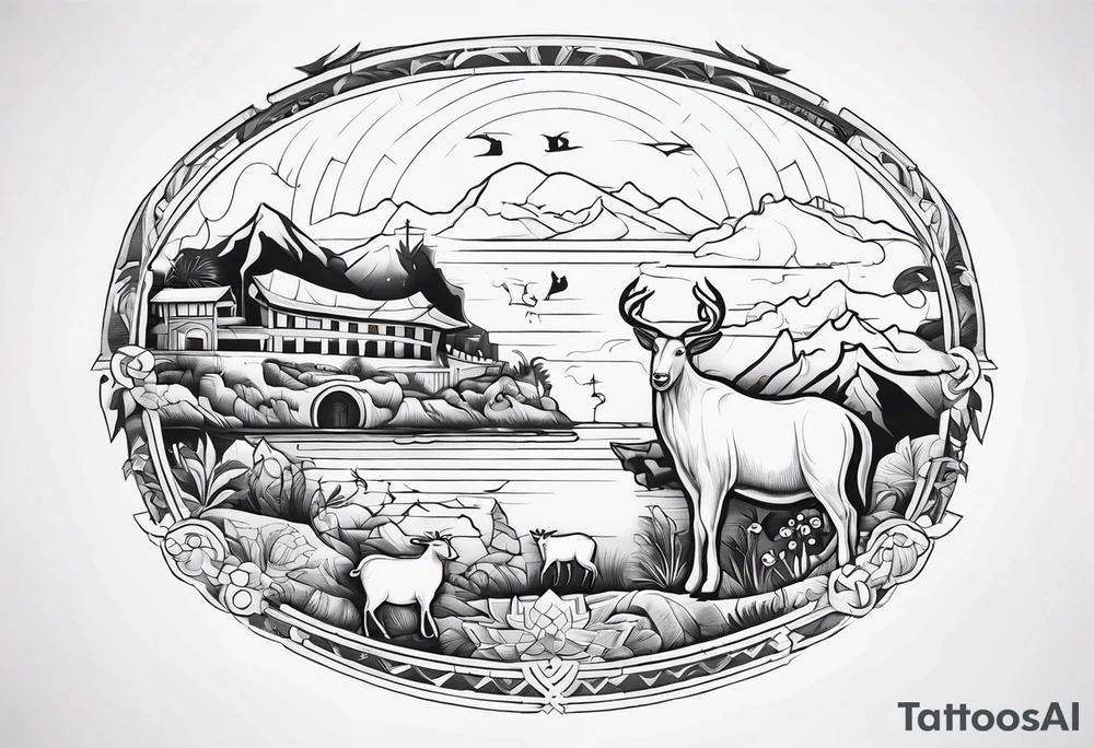 Noah's ark with a badger, a goat and a reindeer inside the outlines of Map of Mallorca behind tattoo idea