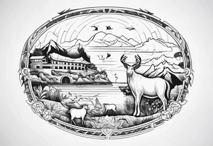 Noah's ark with a badger, a goat and a reindeer inside the outlines of Map of Mallorca behind tattoo idea