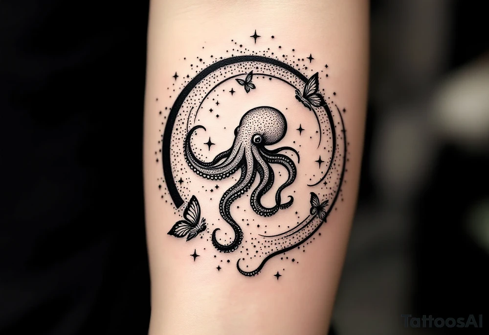A minimalist dotwork tattoo design in the shape of a spiral galaxy. In the center, a small octopus is subtly integrated into the swirl, with flowing tentacles that extend along the spiral arms. The tentacles transform into elegant, curving lines resembling the flowing tails of koi or betta fish, partially in black ink and partially in fine red lines. Small stars are scattered throughout the galaxy shape, and two delicate butterflies hover near the edges. cosmic abstraction style, dotwork, fine line, with elements of Japanese graphic tattoo flow, minimalist octopus tattoo idea