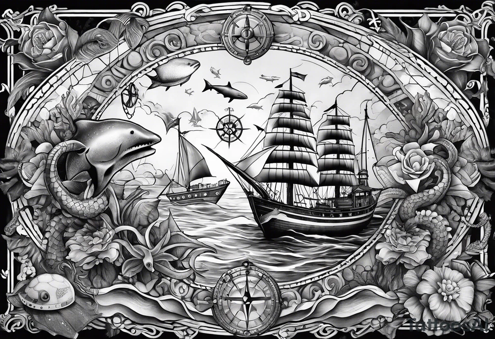 Nautical theme leg tattoo with shark, turtle, treasure map, compass, octopus, bell diver tattoo idea Nautical theme leg tattoo with shark, turtle, treasure map, compass, octopus, bell diver tattoo idea