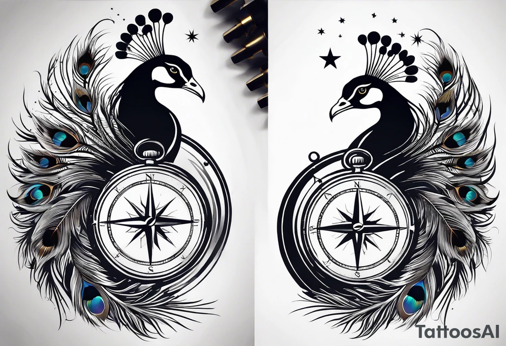 Peacock feather turning into a compass surrounded by stars tattoo idea