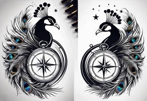 Peacock feather turning into a compass surrounded by stars tattoo idea