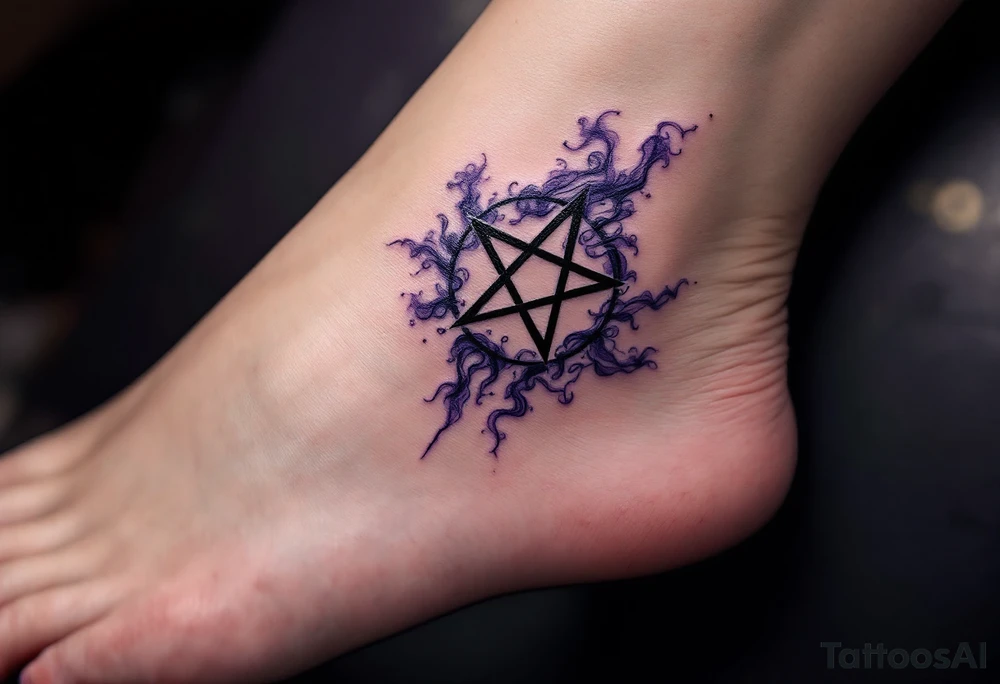 A dark purple inverted pentagram with swirling smoke, with a subtle spectral glow in the background. tattoo idea