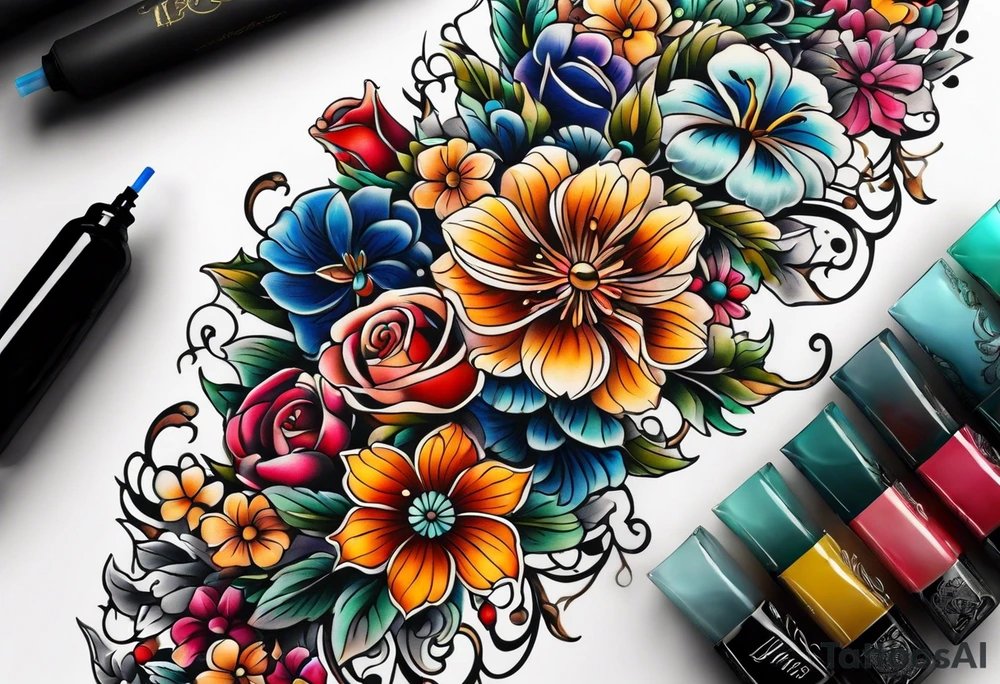 Floral leg piece with beading and lace tattoo idea. colorful, old school flowers, highly detailed, florals. white background tattoo idea