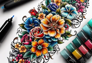 Floral leg piece with beading and lace tattoo idea. colorful, old school flowers, highly detailed, florals. white background tattoo idea