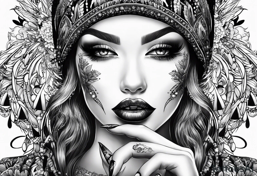 Women’s fingers with nails are on the half of her face tattoo idea