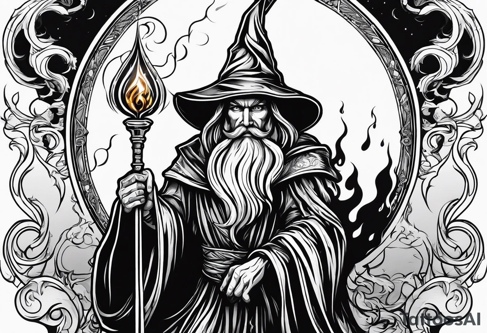 Wizard encased in flames and carrying a staff with a shining gem on top tattoo idea