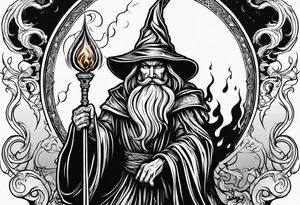 Wizard encased in flames and carrying a staff with a shining gem on top tattoo idea