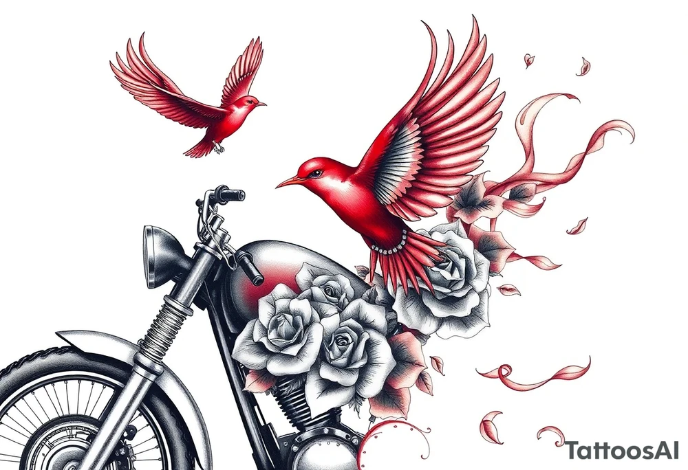 Motorcycle, red bird flying, roses and lace, flames tattoo idea