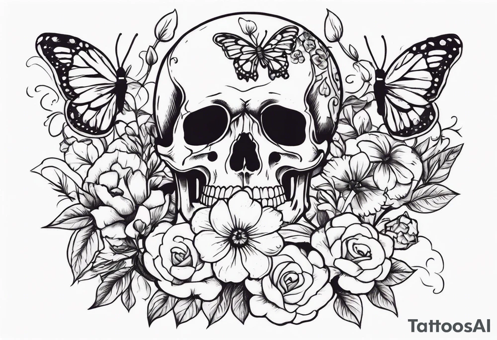 skeleton with body and flowers around it vintage sketch pretty and butterflies tattoo idea