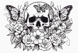 skeleton with body and flowers around it vintage sketch pretty and butterflies tattoo idea