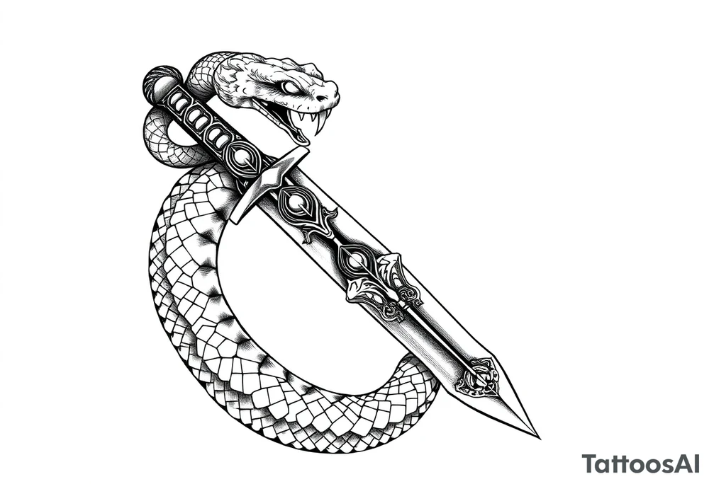 mystical snake coiled around an ancient dagger with jeweled hilt tattoo idea