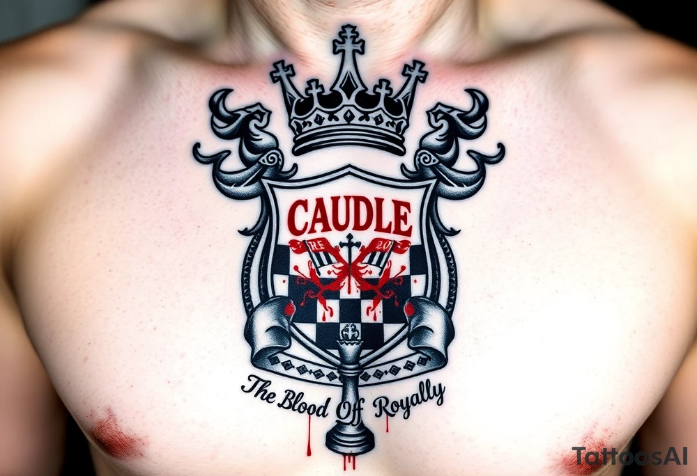 Men Crest  with A king crown on top, CAUDLE written inside red, a chessboard, blood splatter on top of two red racing flags & OTF inside, Smoke surrounding the outside of the crest, & The Words The Blood Of Royalty in red underneath the crest & a King chess piece surrounding the outside of the crest, And raining blood tattoo idea