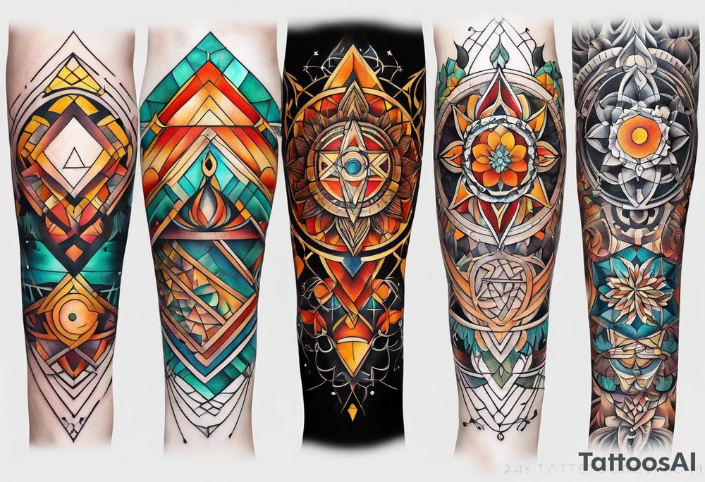 knee tattoo with sacred geometry, swirls & washes, background and in fall colors tattoo idea