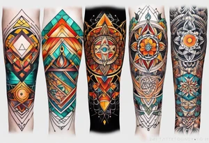 knee tattoo with sacred geometry, swirls & washes, background and in fall colors tattoo idea