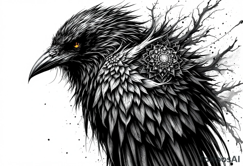 ominous raven with mandala on its wings tattoo idea