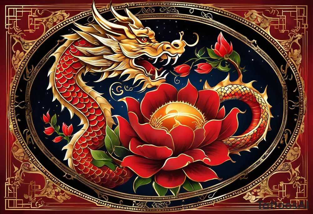 Quiero un tatuaje en toda la espalda con dos dragones verticales uno en frente del otro (uno con faceta fiera y el otro con faceta amable), con un sol o luna rojo en medio, y otros detalles de letras en chino y flores tipo cerezo (en rojo y negro) tattoo idea