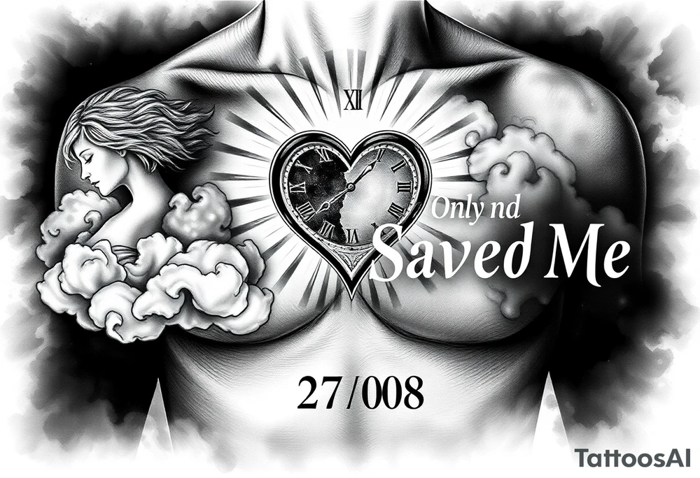 Black and gray realistic chest tattoo design.
A symbolic composition representing rebirth and protection.
On the left side, a female figure made of light — calm, maternal, protective — emerging from soft smoke and clouds.
In the center, a broken heart or cracked clock glowing from the inside, symbolizing survival and second chance.
On the right, rays of light spreading outward, blending with dark shadows.
Across the chest area, gothic lettering that says “Only God Saved Me”, large and elegant, with subtle highlights.
Include date 27·08 in Roman numerals below the text.
Artistic background of mist, soft smoke, and light particles, giving a sense of spirituality and rebirth.
Realistic shading, fine details, and balanced composition.
No human torso visible — just the tattoo design layout.
Black and gray tones, dramatic contrast, cinematic lighting. tattoo idea