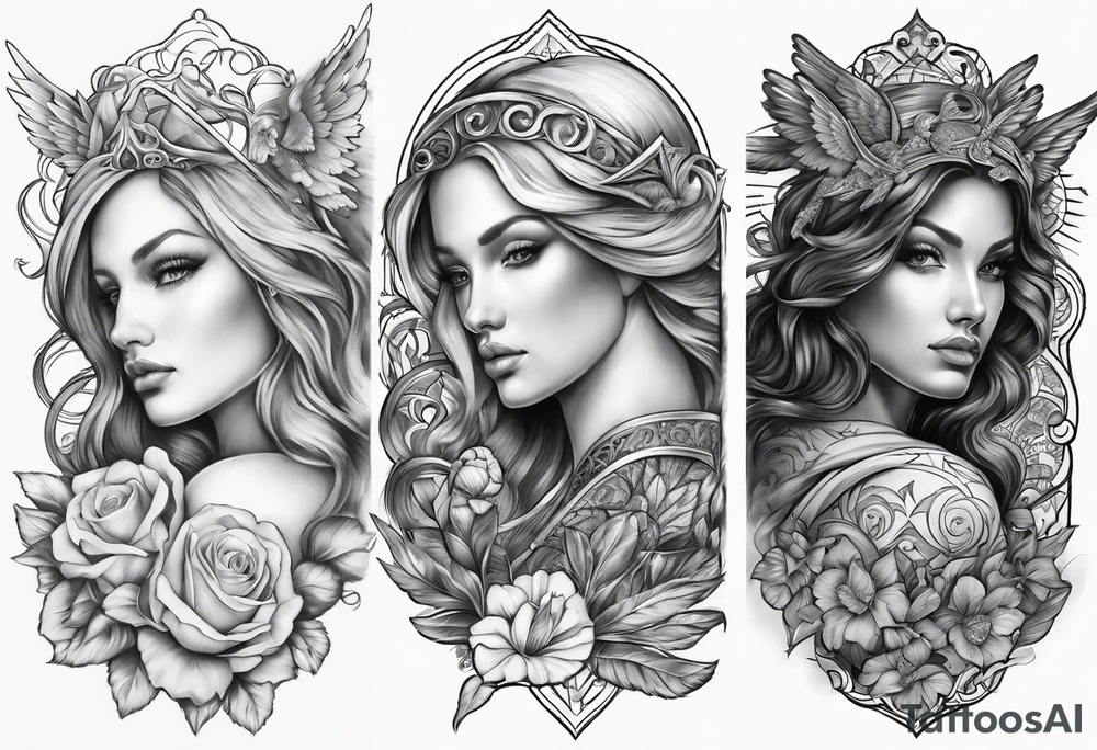 top half sleeve with some angels and small dart on it tattoo idea