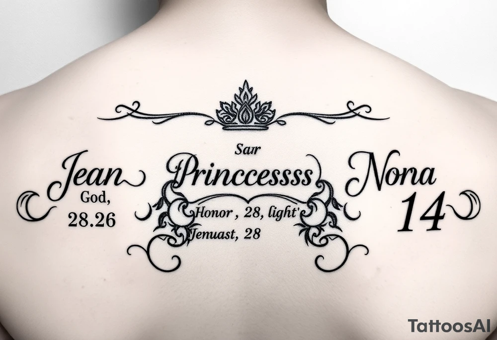 Meaning of names Jean God is gracious born on February 26, Sara Princess born on January 28, Nora honor and light born on August 14 tattoo idea