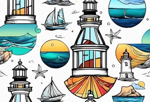 Farol no oceano em mar agitado bem delicado colorido tattoo idea