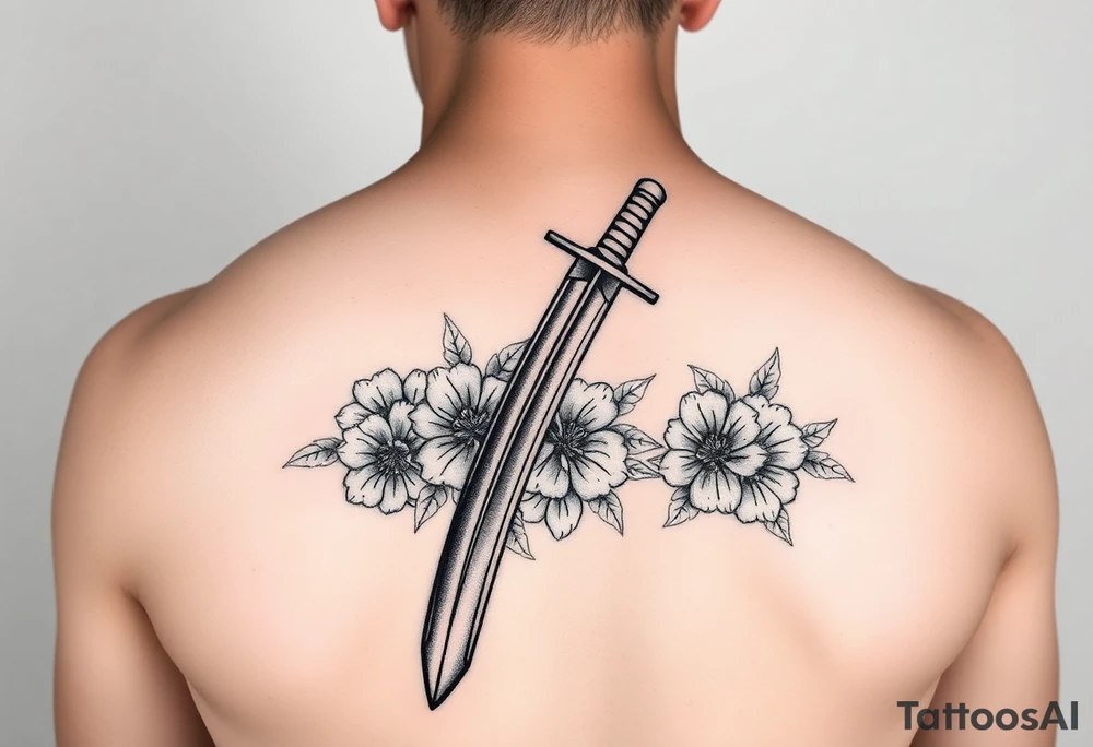 Masculine Japanese sword with flowers around it forearm tattoo idea