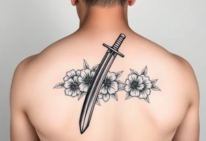 Masculine Japanese sword with flowers around it forearm tattoo idea