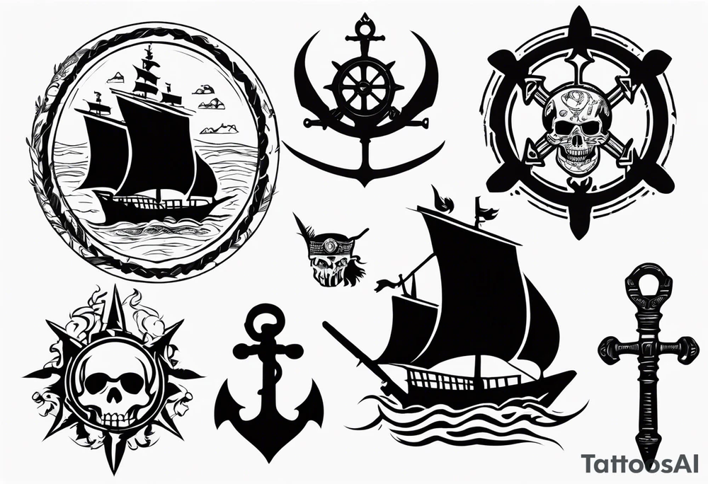 pirates of the caribbean five elements tattoo, aztec gold, davy jones key, east india company emblem, chalices and trident tattoo idea