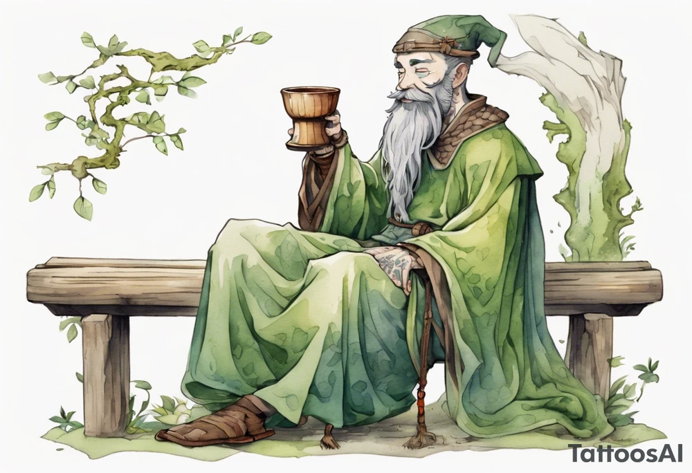 kinopio with a long moss beard wearing a medieval tunic drinking from a wood cup, sitting on a bench laughing tattoo idea
