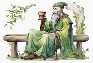 kinopio with a long moss beard wearing a medieval tunic drinking from a wood cup, sitting on a bench laughing tattoo idea