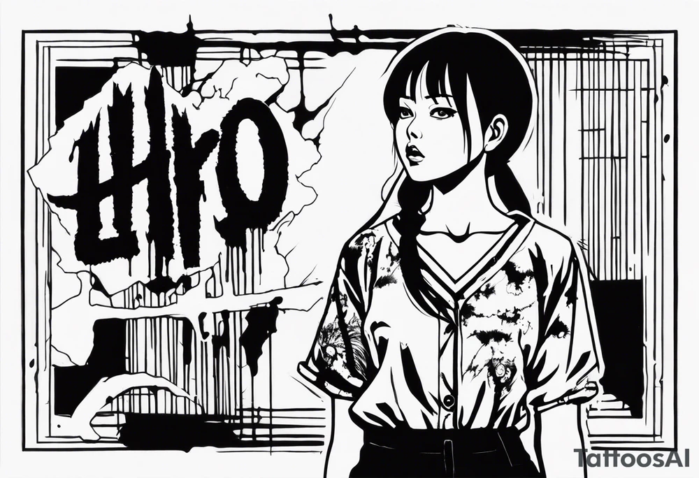 portrait of tomie standing up a character by the horror manga author junji ito full body standing murderously. add more horror and gore elements tattoo idea