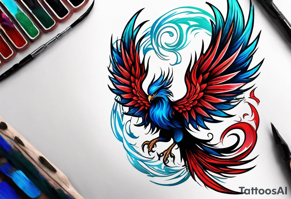 Blue and red Phoenix rising from the green ashes tattoo idea