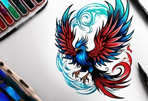 Blue and red Phoenix rising from the green ashes tattoo idea