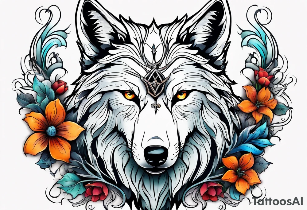 Wolf, flower, cross tattoo idea